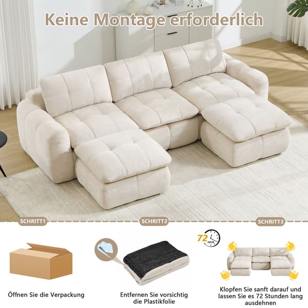 HOMAIRE 3-sits U-format modulsoffa i chenille, beige, utan ram med 2 puffar Beige 264 x 160 x 68 cm