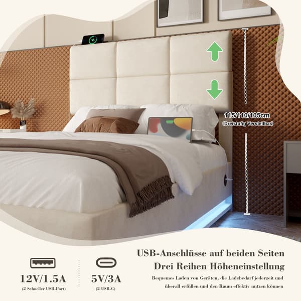 HOMAIRE 90x200 cm Sammetssäng med justerbart huvudgavel, USB/Type-C, LED-belysning och hydraulisk lyft Beige