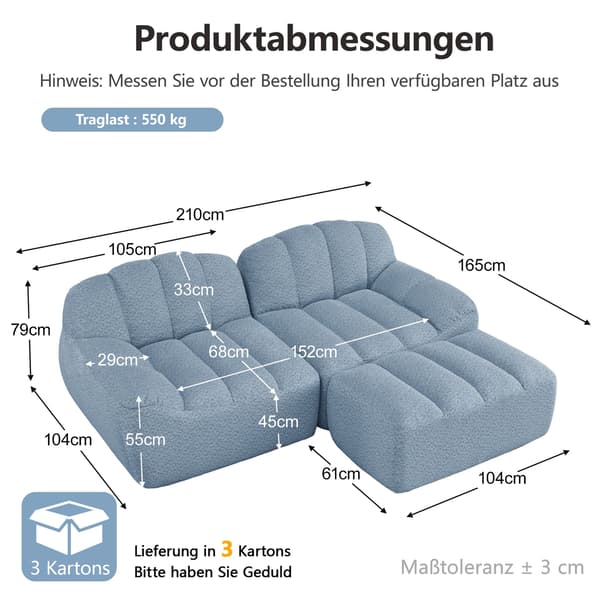 HOMAIRE 2-sits modulsoffa i L-form med ottoman, blå Blå 210 x 165 x 79 cm
