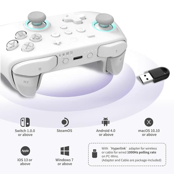 GuliKit KK3 Max, Kingkong 3 Max Controller för Switch, 4 Bakåtknappar, Hall Joysticks & Triggers, vit vit