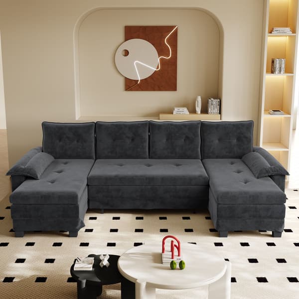 HOMAIRE 278 cm U-formad modulsoffa med utdragbar säng och USB-laddning, grå chenille Grå 278 x 127 x 87 cm