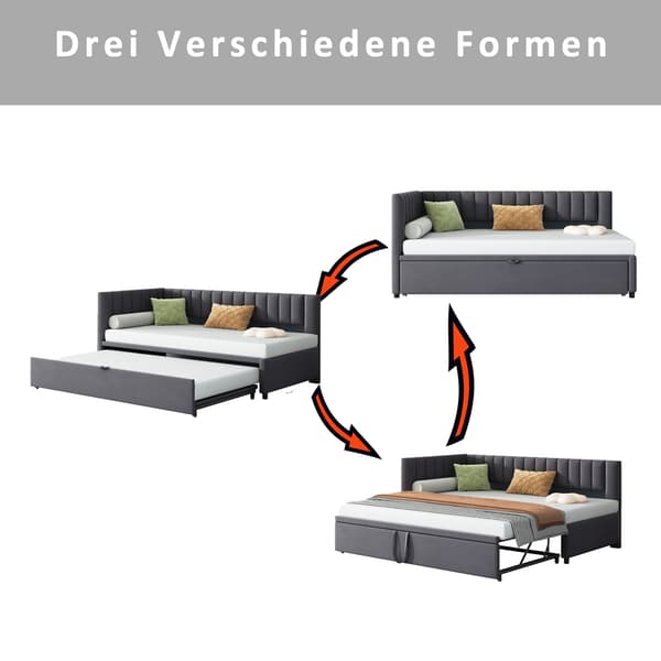 HOMAIRE L-formad multifunktionell bäddsoffa med utdragbar säng, sammet, grå Grå 208 x 97.5 x 75 cm