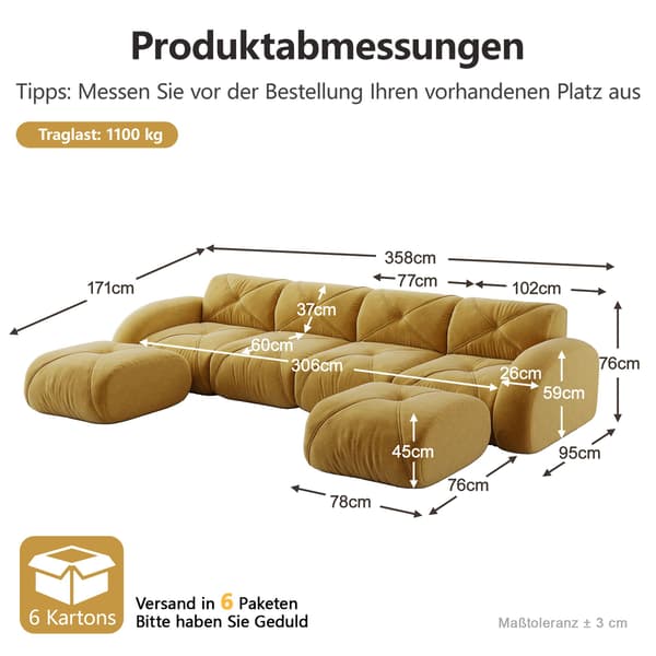 HOMAIRE U-formad modulsoffa 4-sits med 2 pallar, gul chenille Gul 358 x 171 x 76 cm
