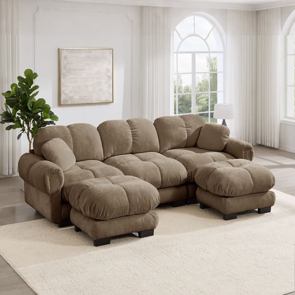 HOMAIRE 3-sits U-formad Cloud-soffa med ottoman och 2 dekorativa kuddar, brun chenille Brun 260 x 149 x 90 cm