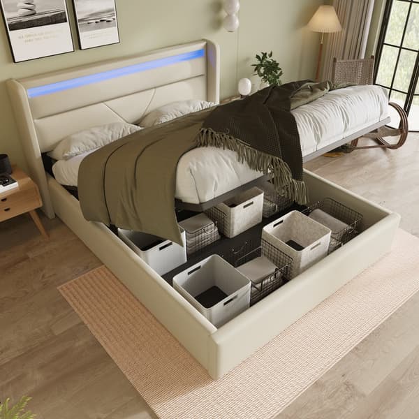 HOMAIRE Dubbelsängram med hydraulisk lyft, LED-belysning, vit PU-läder Vit 202 x 146 x 107.5 cm