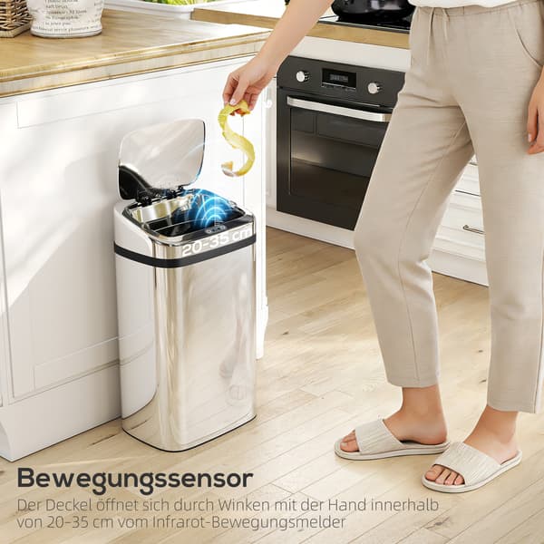 HOMAIRE Sensoravfallskärl 30L med rörelsesensor för kontor och sovrum i rostfritt stål och plast Silver 33 x 25 x 57.5 cm