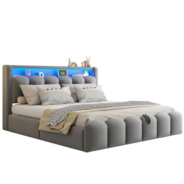 HOMAIRE Polstersäng 180x200 cm med hydraulisk förvaring, USB, Typ-C och LED, grå sammet Grå 189 x 228.5 x 110.5 cm