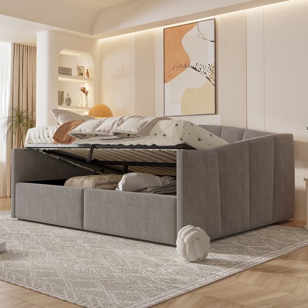 HOMAIRE Multifunktionell stoppad bäddsoffa med hydraulisk förvaring i grå sammet Grå 212 x 145 x 62 cm
