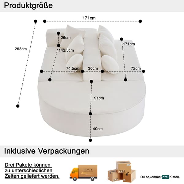 HOMAIRE Modern modulärt skumfyllt soffa utan montering, vit Chenille Vit 263 x 171 x 66 cm