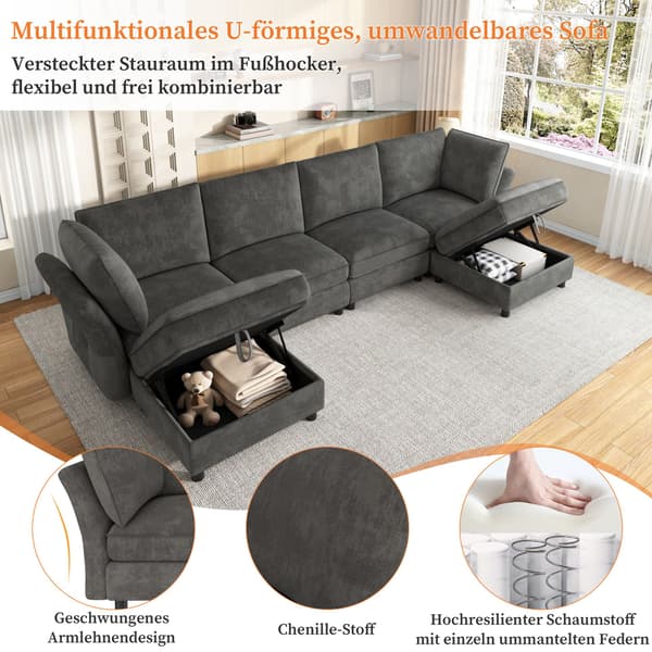 HOMAIRE modulärt U-/L-format hörnsoffa 6-sits med förvaringspuff, grå chenille Grå 289 x 137 x 84 cm