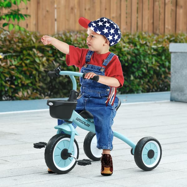 HOMAIRE barncykel trehjuling 2-5 år, justerbar sits, ringklocka, cykelkorg, metallram, blå Blå