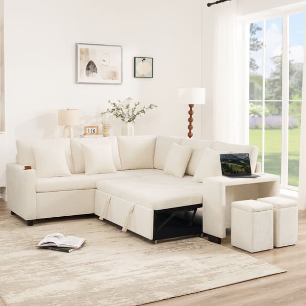 HOMAIRE L-format bäddsoffa med förvaring, USB & USB-C, beige chenille Beige 220 x 205 x 86.5 cm