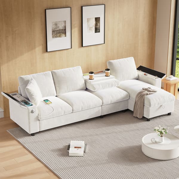 HOMAIRE Chenille-soffa med L-form, förvaring och utdragbart soffbord, beige Beige 280 x 137 x 84 cm