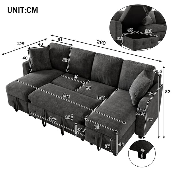 HOMAIRE Modern Chenille U-soffa med bäddfunktion och förvaring, mörkgrå 260×128×82 cm Mörkgrå 260 x 128 x 82 cm