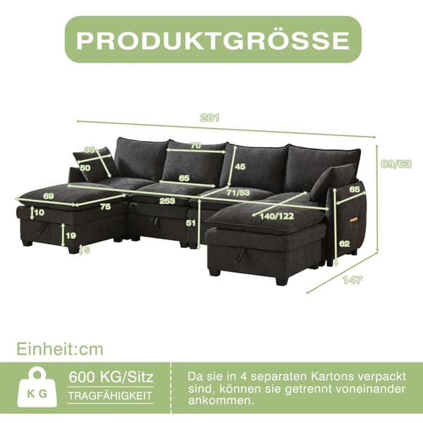 HOMAIRE U-formad soffa med förvaringsutrymme, modulärt set i chenille, grå Grå 281 x 147 x 89 cm