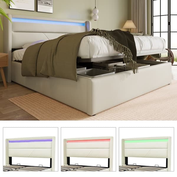 HOMAIRE Hydraulisk Förvaringssäng med LED-belysning Vit PU-läder Vit