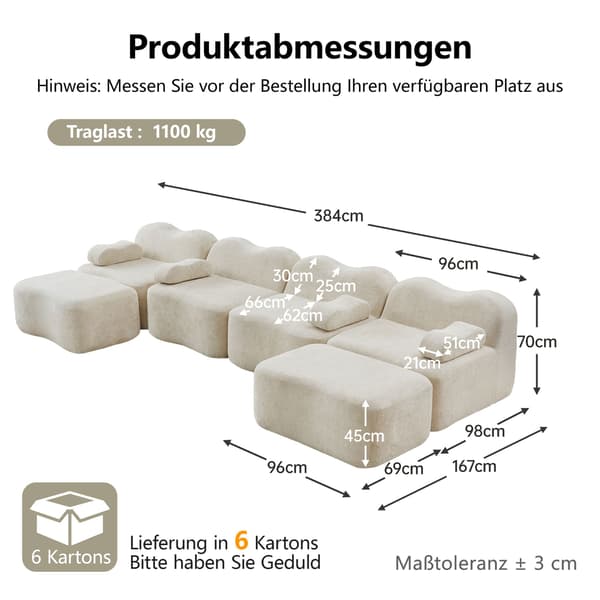 HOMAIRE 4-sits modulsoffa i U-form med 2 ottomaner, beige sammet Beige 384 x 167 x 70 cm