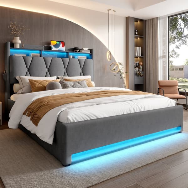 HOMAIRE Mörkgrå Sammet Sängram med LED, USB-C och Gasfjäderbas Mörkgrå