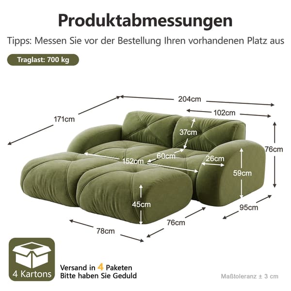 HOMAIRE modulsoffa 2-sits med 2 puffar, grön chenille Grön 204 x 171 x 76 cm