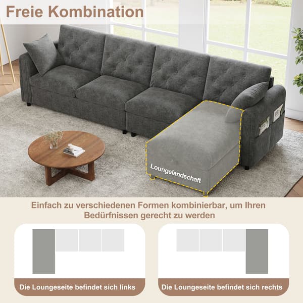 HOMAIRE Modern Sammetsoffa med Förvaring i Hörnet, L-formad, Grå (281×86×71 cm) Grå 281 x 132 x 86 cm