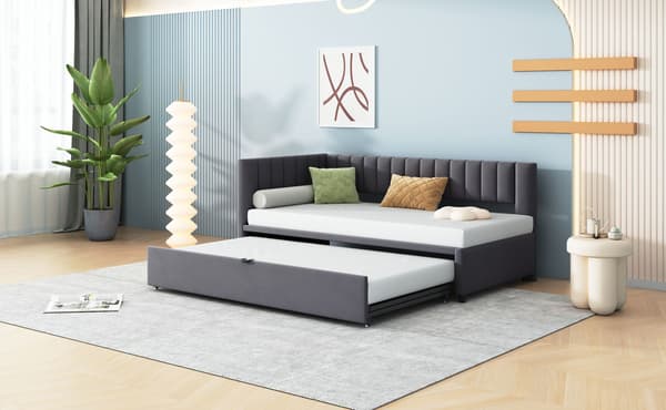 HOMAIRE Multifunktionell L-format bäddsoffa med utdragbar säng 90/180x200 cm, samtyta, grå Grå 208 x 97.5 x 75 cm