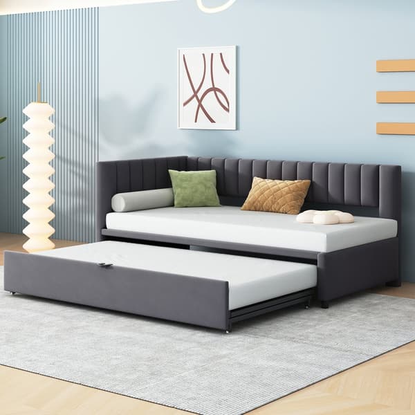 HOMAIRE L-formad multifunktionell bäddsoffa med utdragbar säng, sammet, grå Grå 208 x 97.5 x 75 cm