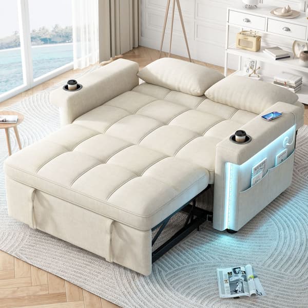 HOMAIRE 2-sits soffa med bäddfunktion, LED-belysning och USB/Type-C-laddning, beige chenille Beige 145 x 141.5 x 90 cm