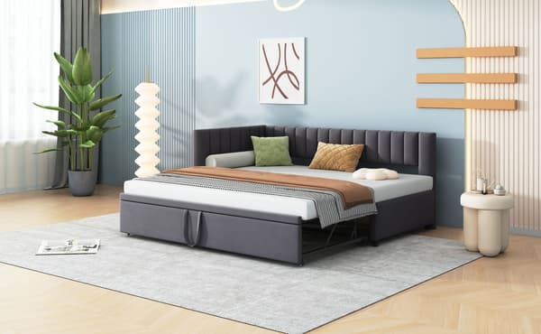 HOMAIRE Multifunktionell L-format bäddsoffa med utdragbar säng 90/180x200 cm, samtyta, grå Grå 208 x 97.5 x 75 cm