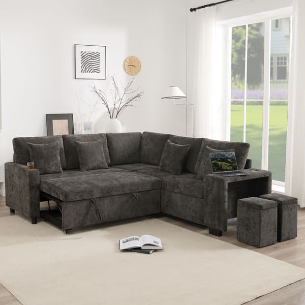 HOMAIRE L-formad bäddsoffa med förvaring, USB/USB-C, grå chenille Grå 220 x 205 x 86.5 cm