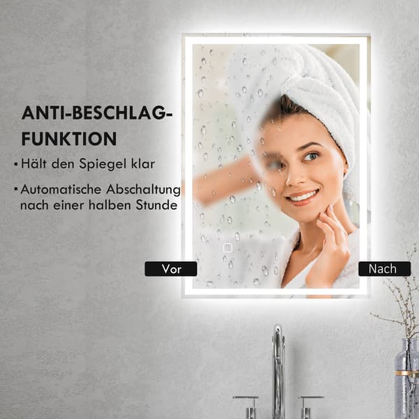 HOMAIRE Badrumsspegel LED med touch, vit, 50x70 cm, IP44, glas och plast Silver