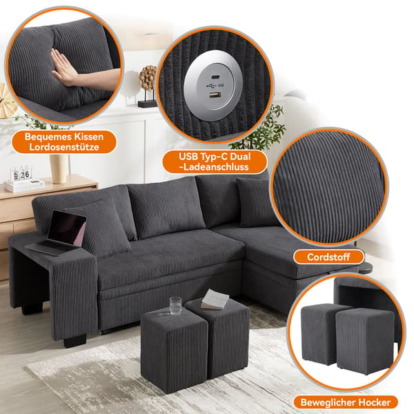 HOMAIRE L-format hörnsoffa med bäddfunktion, USB-laddning och förvaring, 3-sits Grå 231 x 131.5 x 84 cm