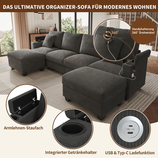 HOMAIRE U-formad modulsoffa med bäddfunktion, grå manchestersammet Grå 275.5 x 139 x 87 cm