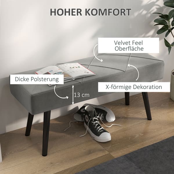 HOMAIRE Polstrad sittbänk i sammet, 100x36x45 cm, grå med stålben Grå