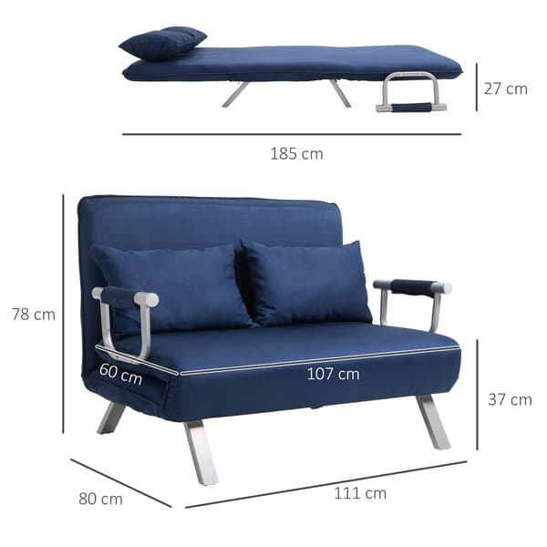 HOMAIRE 2-sits bäddsoffa med 5-läges justerbar rygg, blå polyester och metallram, inkl. kuddar Blå