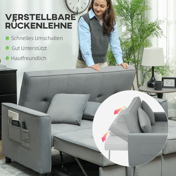 HOMAIRE 4-i-1 soffa med justerbar rygg, bäddsoffa med kuddar, grå polyester och eukalyptusträ Grå 140.5 x 90.5 x 89 cm