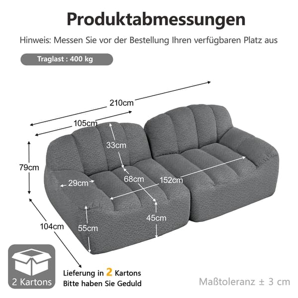 HOMAIRE 2-sits modulsoffa utan ram, skalformad med djupa sittdynor, grå Grå 210 x 104 x 79 cm