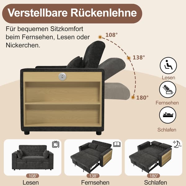 HOMAIRE multifunktionell bäddsoffa med förvaring, USB och dryckeshållare, grå Grå 140 x 137 x 84 cm