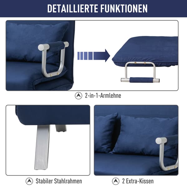 HOMAIRE 2-sits bäddsoffa med 5-läges justerbar rygg, blå polyester och metallram, inkl. kuddar Blå