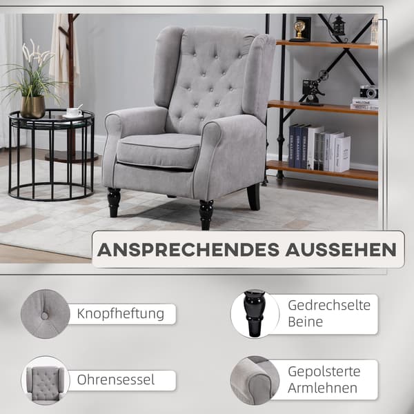 HOMAIRE Öronlappsfåtölj med armstöd, grå polyester och träben, hög rygg och kuddar Grå