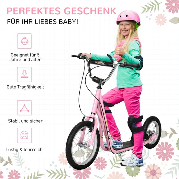 HOMAIRE Barnkickboard med luftdäck, 16" justerbar kick scooter för barn, rosa Rosa
