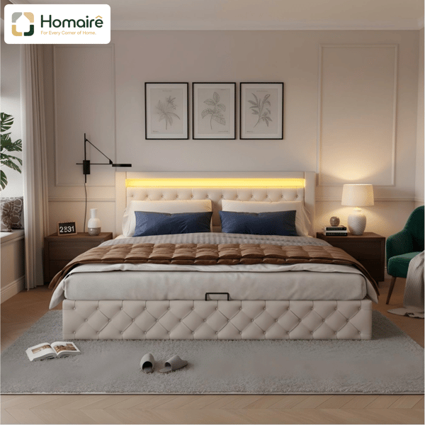 HOMAIRE LED-sängram med förvaring 140x190 cm vit PU-läder klassisk modern design Vit 200 x 142 x 100 cm
