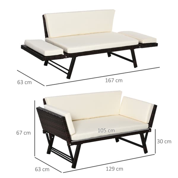 HOMAIRE Polyrattan Trädgårdssoffa 2-sits med utfällbara armstöd, brun, 129x63x67 cm Brun