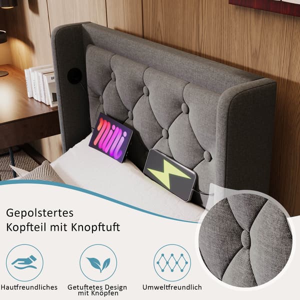 HOMAIRE stoppad sängram med förvaring, USB-laddning och LED-belysning, grå bomull Grå 210 x 100 x 101 cm