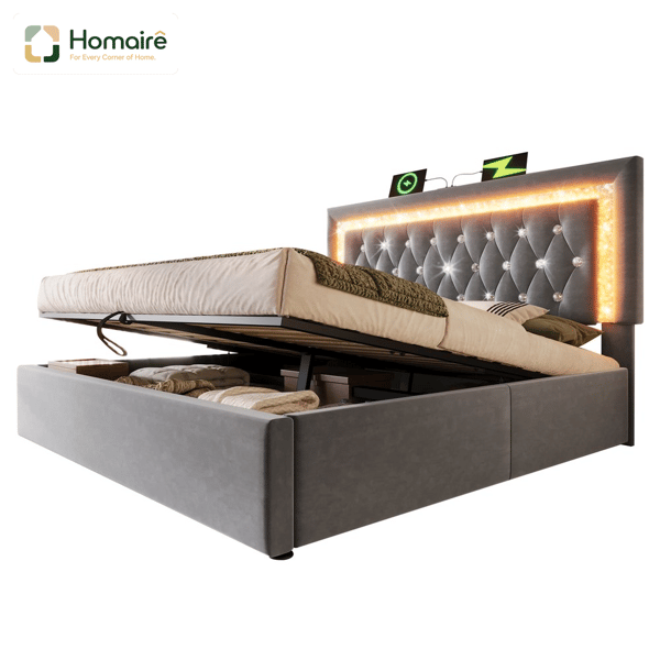 HOMAIRE Polstrad LED-sängram med USB Type-C, förvaring och hydraulisk lyft, sammet grå Grå 209 x 151 x 104 cm