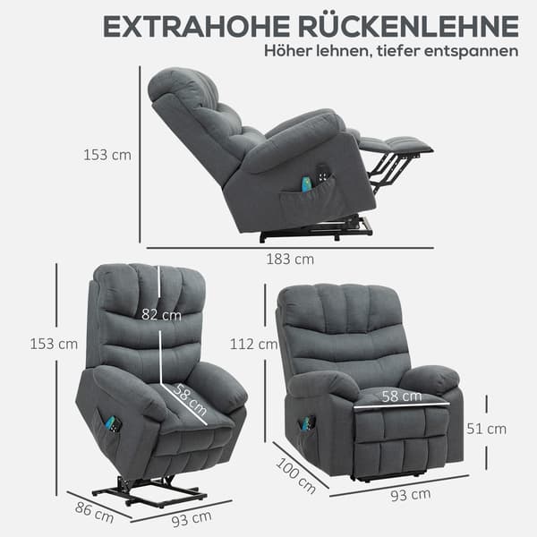 HOMAIRE elektrisk vilstol med massage och uppresningsfunktion, mörkgrå polyester och stål Mörkgrå 100 x 93 x 112 cm