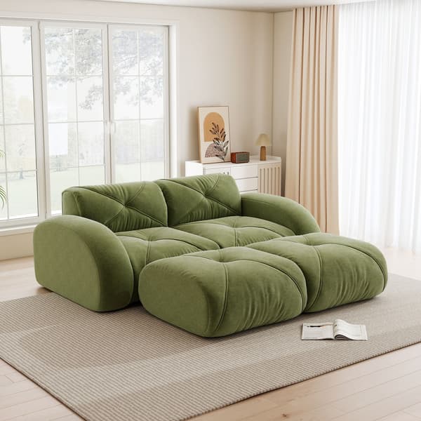 HOMAIRE modulsoffa 2-sits med 2 puffar, grön chenille Grön 204 x 171 x 76 cm