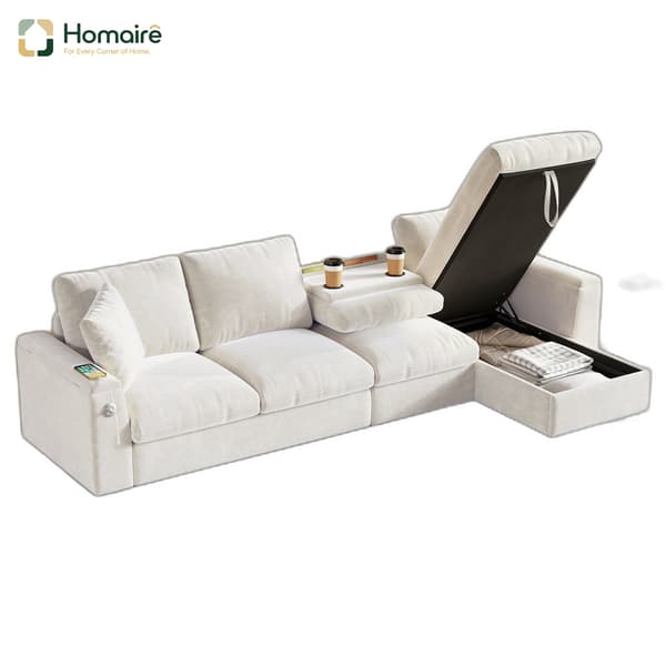HOMAIRE Chenille-soffa med L-form, förvaring och utdragbart soffbord, beige Beige 280 x 137 x 84 cm