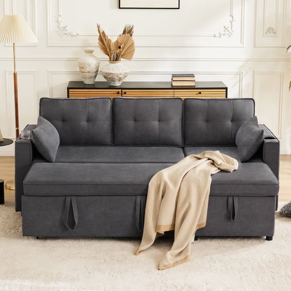 HOMAIRE L-format bäddsoffa med förvaringsutrymme och dryckeshållare, grå Grå 211 x 129.5 x 86 cm