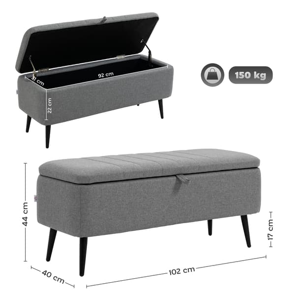 HOMAIRE sittbänk med förvaring 102x40x44 cm, grå polyester och stålben Grå