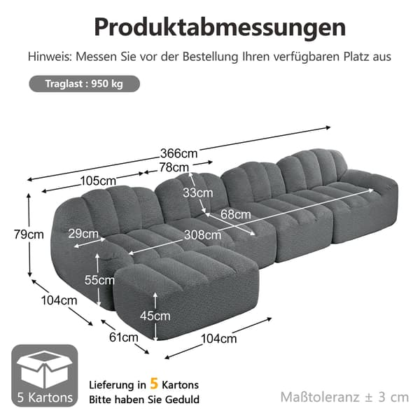 HOMAIRE 4-sits modulsoffa med ottoman, skalformad, grå Grå 366 x 165 x 79 cm